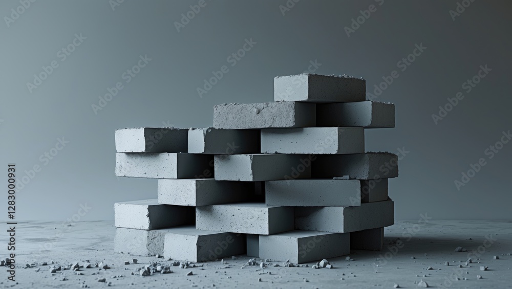 Leinwandbilder stacked gray concrete bricks on a textured surface with debris and shadows creating a minimalist ind