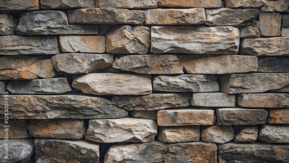Aufkleber textured stone wall organized in layered pattern with various shades of gray and brown, suitable for
