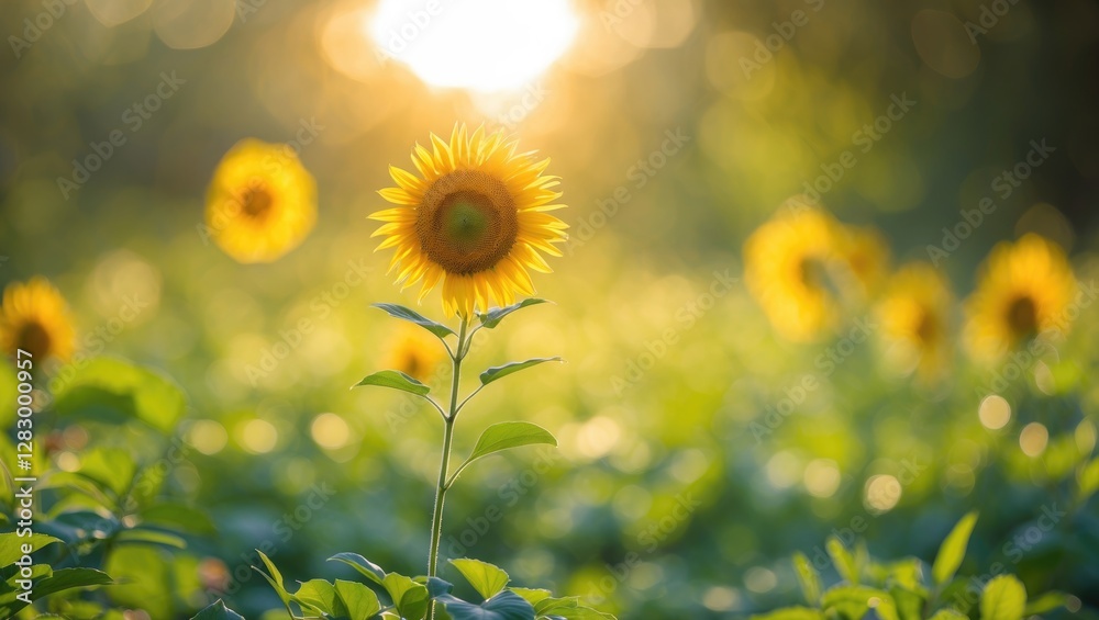 Poster Sunflower in a field with sunlight filtering through, blurred background with multiple sunflowers creating a soft bokeh effect.