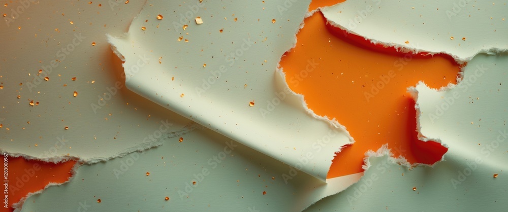Poster colorful abstract textured surface with torn layers of blue and orange paper with golden speckles in