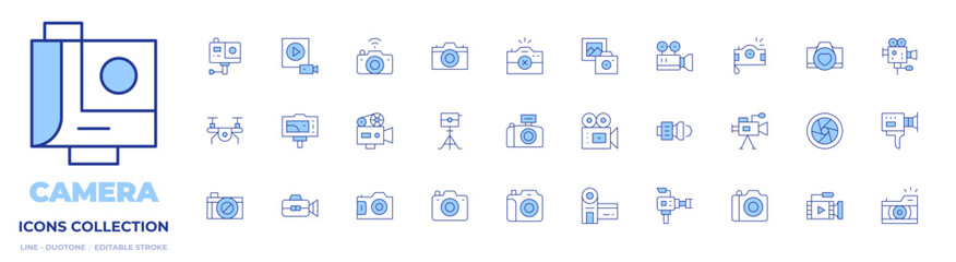 Camera icons collection. Line Duotone style, editable stroke. movie camera, camera, camera tripod, video camera, drone, gopro, photo camera, camera shutter