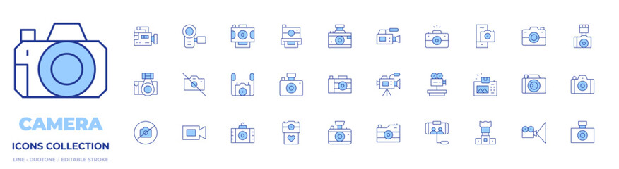 Camera icons collection. Line Duotone style, editable stroke. no camera, video camera, camera, photo camera, movie camera, camera lens
