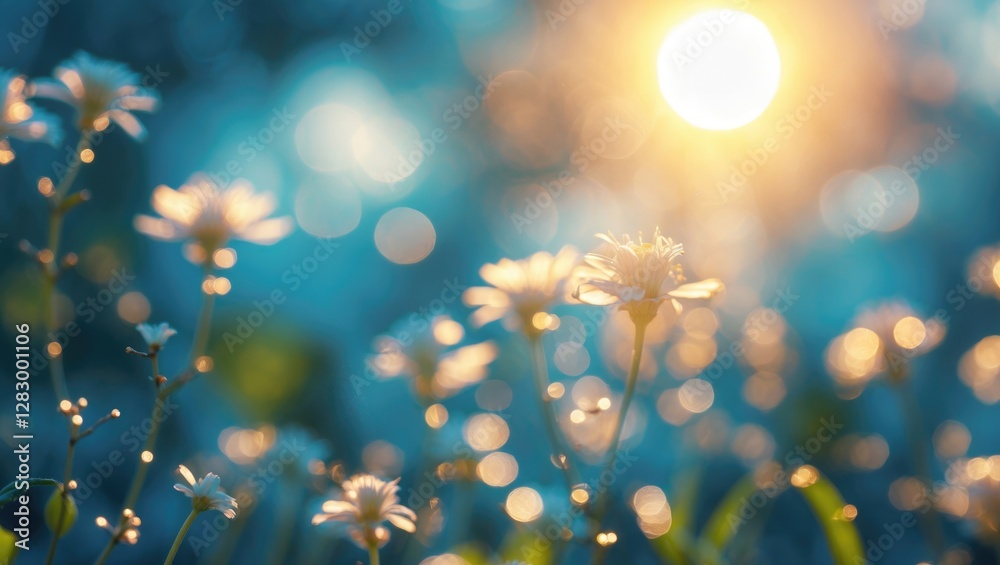 Poster soft blurred floral background with sunlight bokeh effect in nature garden setting