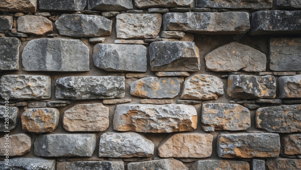 Aufkleber Stone wall texture with varying sizes and colors of natural stones forming a rustic pattern suitable for architectural backgrounds