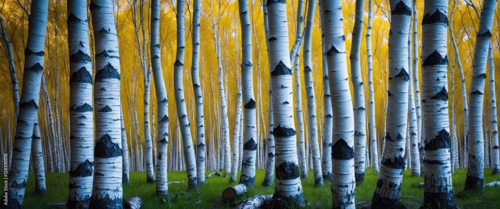Poster aspen tree forest with autumn foliage and green grass under a clear sky in a nature landscape settin