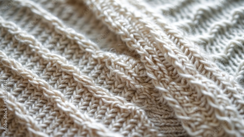 Poster Close-up view of textured knitted fabric in cream color with alternating patterns and soft yarn details