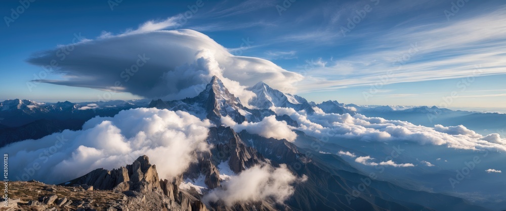 Poster aerial view of snow-capped mountains under dramatic cloud formations and clear blue sky with layers 