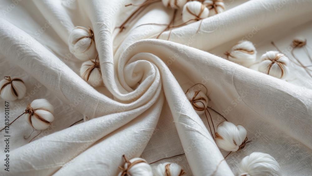 Poster cotton fabric with decorative cotton bolls arranged in an artistic swirl pattern on a light backgrou