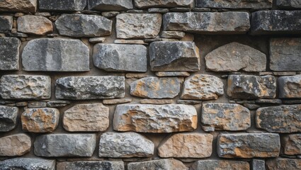 Obraz premium Stone wall texture with varying sizes and colors of natural stones forming a rustic pattern suitable for architectural backgrounds