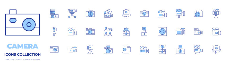 Camera icons collection. Line Duotone style, editable stroke. video camera, camera tripod, camera shutter, camera, photo camera, conference, switch camera