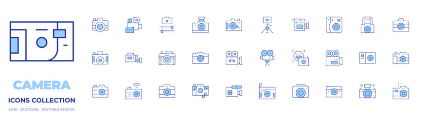 Camera icons collection. Line Duotone style, editable stroke. photo camera, instant camera, camera, front camera, video camera
