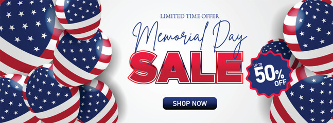 Memorial Day sale banner with American flag design, stars, and 50% off offer for online promotions, events, and marketing campaigns