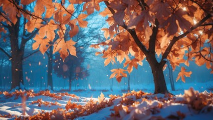 Fototapeta premium Winter landscape featuring a tree with dry orange leaves amidst a snowy ground and soft blue lighting creating a tranquil atmosphere