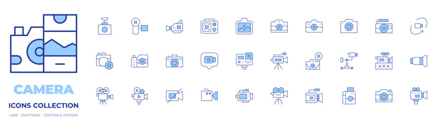 Camera icons collection. Line Duotone style, editable stroke. video camera, camera, instant camera, camera lens, photography, degree, video chat, landscape