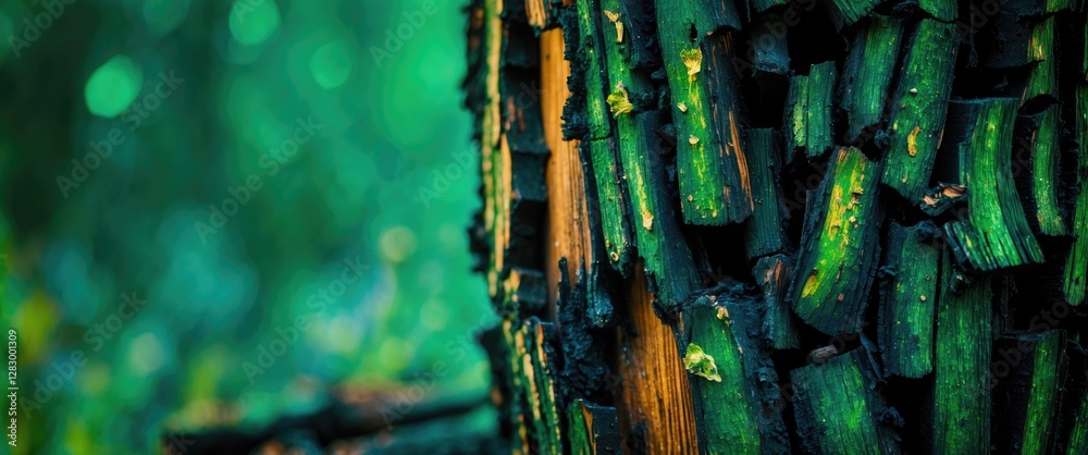 Poster close-up of textured tree bark with vibrant green hues and dark charred areas, natural abstract back