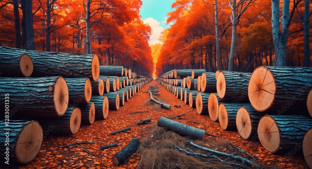 Poster autumn forest scene with cut logs on a pathway surrounded by vibrant orange foliage and tall trees u