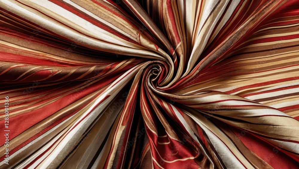 Poster textured fabric with swirling spiral pattern featuring red, gold, and cream stripes creating a rich 