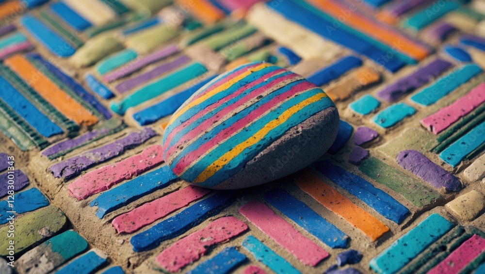 Poster colorful striped stone on a vibrant textured background of painted bricks in various colors and patt