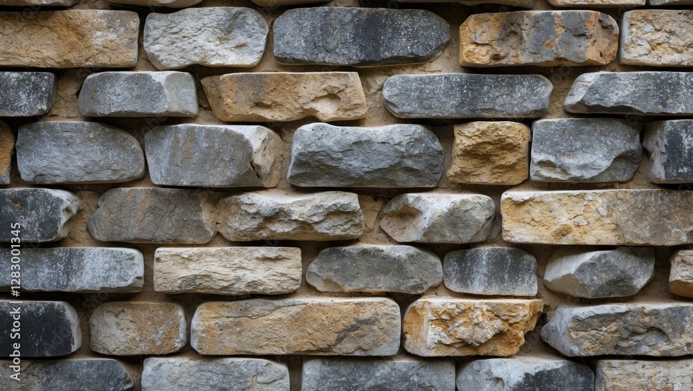 Poster Textured stone wall with gray and beige stones arranged in a pattern for architectural or background use