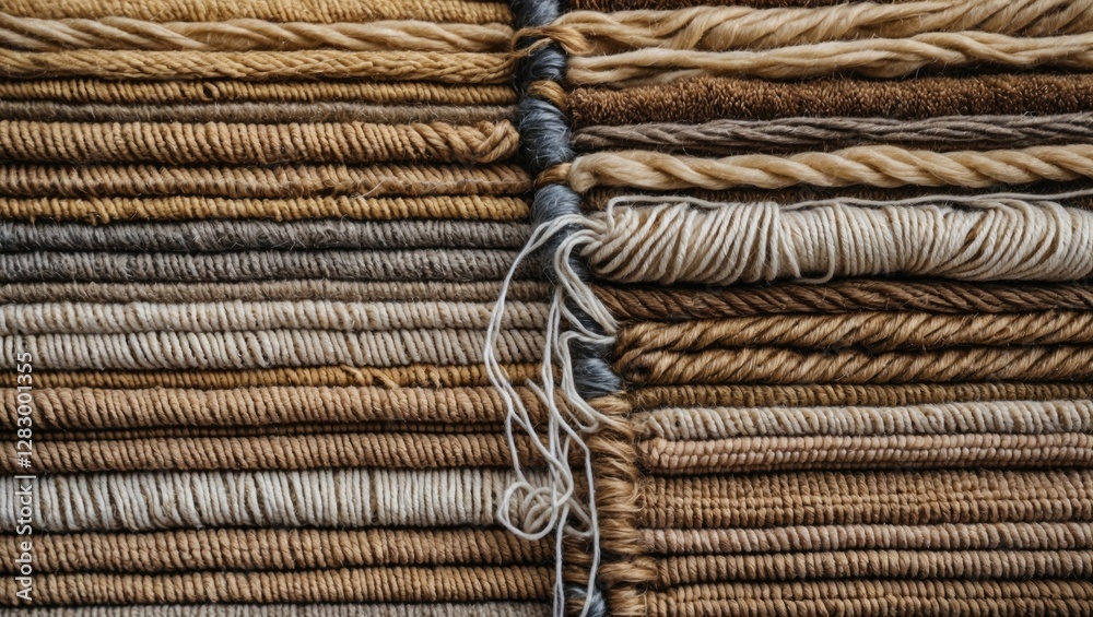 Poster Various shades of yarn and thread neatly arranged, displaying a range of natural tones and textures in a textile background.