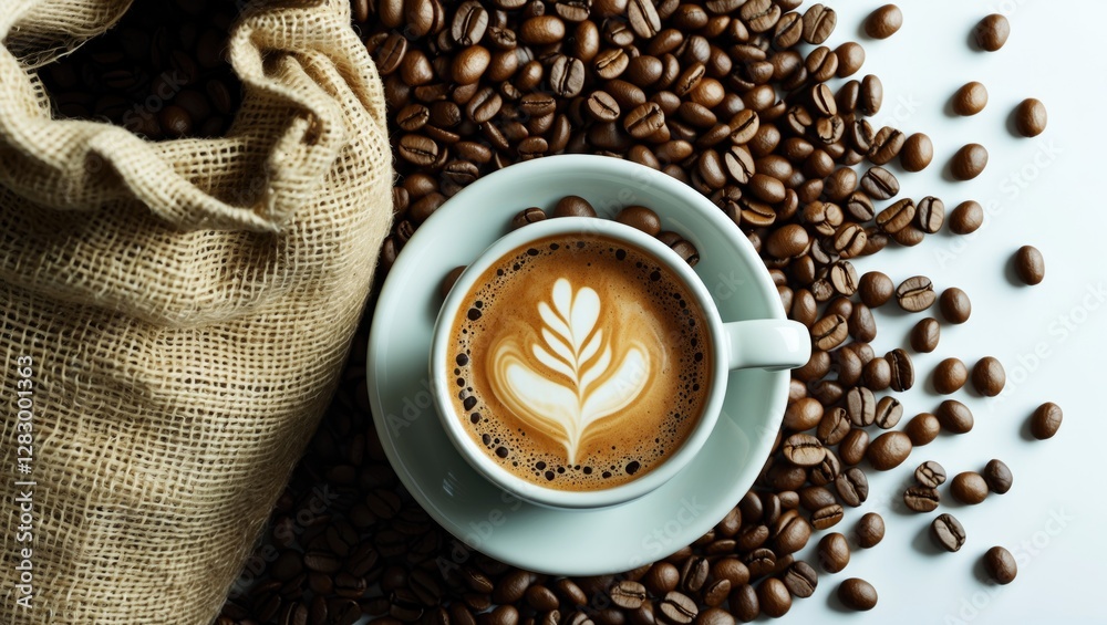 Poster coffee cup with latte art surrounded by coffee beans and a burlap sack on a white background