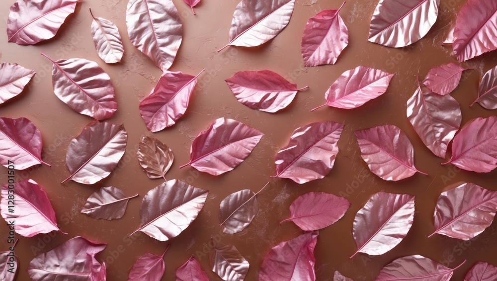 Poster Pink metallic leaves scattered on a brown background creating a textured pattern in a flat lay composition.