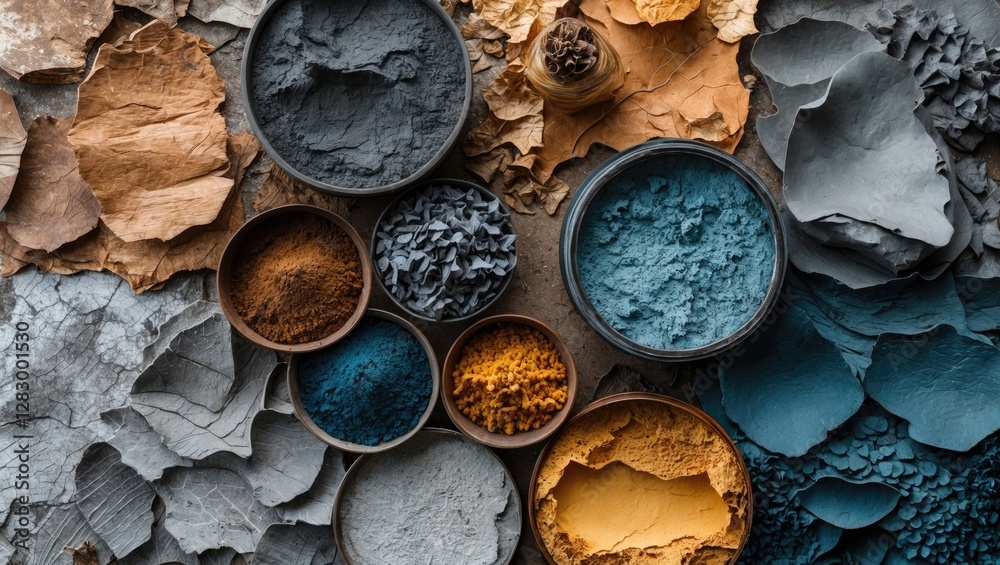 Poster colorful natural pigments and textured paper fragments arranged in bowls on a surface for artistic a