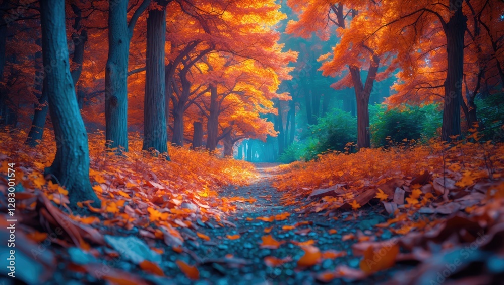 Poster autumn forest path with vibrant orange leaves on trees and ground creating a picturesque natural lan