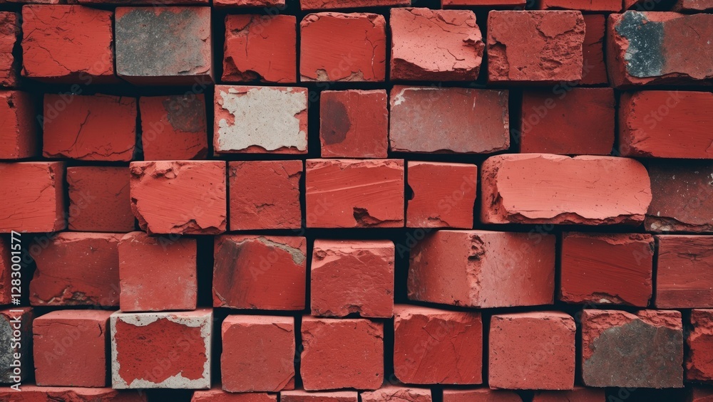 Poster red brick wall texture with unevenly stacked bricks displaying varying shades and rough surfaces