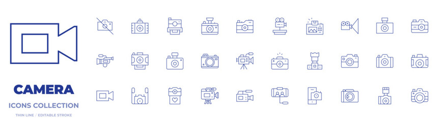 Camera icons collection. Thin Line icons, editable stroke. no camera, video camera, camera, camera T, photo camera, movie camera, camera lens