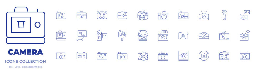 Camera icons collection. Thin Line icons, editable stroke. photo camera, camera T, pocket camera, camera, switch camera, video camera