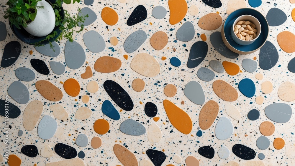 Aufkleber colorful terrazzo pattern with irregular stone shapes and indoor plants on a light surface. ideal fo