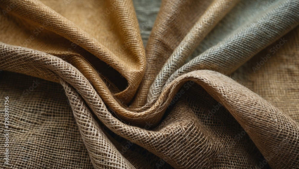 Poster Textured natural fabric in various earthy tones arranged in a visually dynamic pattern on a soft surface.