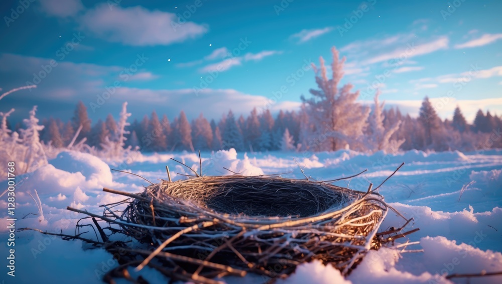 Poster Winter landscape featuring an empty bird nest surrounded by snow-covered ground and frosted trees under a blue sky with soft clouds