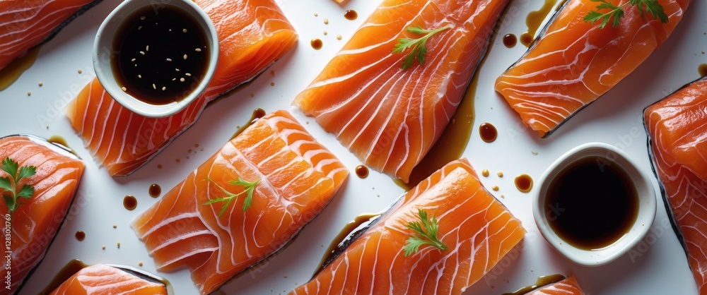 Aufkleber fresh salmon fillets arranged on a white plate with soy sauce and garnishes in small bowls on a wood