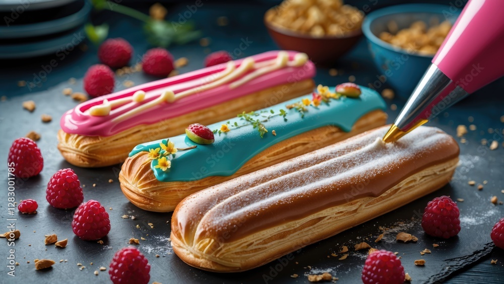 Poster assorted eclairs with colorful icing and raspberry garnish on dark stone background