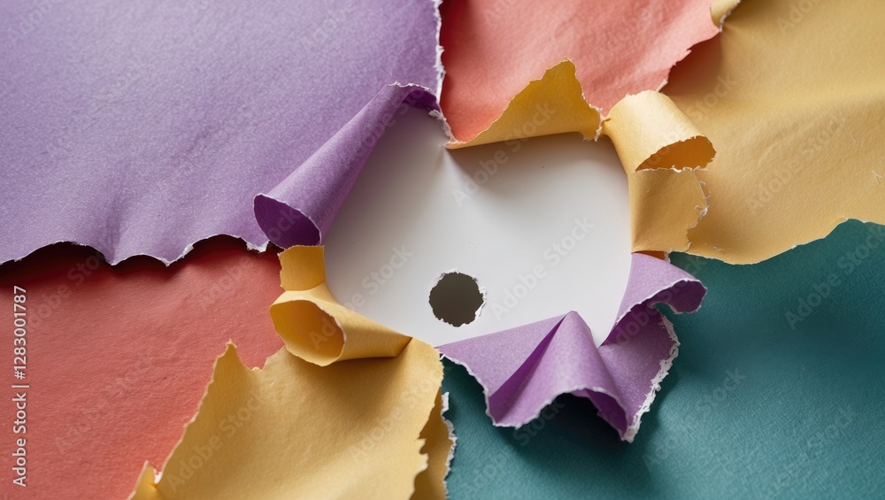 Poster Colorful torn paper with a hole in the center on a flat surface creating a layered texture background
