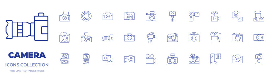 Camera icons collection. Thin Line icons, editable stroke. photo camera, camera T, video camera, instant camera, digital camera, camera tripod, camera
