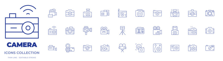 Camera icons collection. Thin Line icons, editable stroke. photo camera, instant camera, video camera, camera T, camera, digital camera, front camera