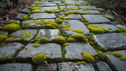 Moss-covered stone path highlighting the beauty of nature and time in an outdoor setting, inviting exploration and tranquility.
