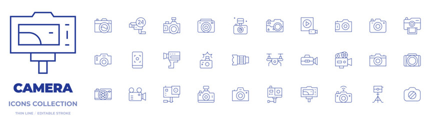 Camera icons collection. Thin Line icons, editable stroke. photo camera, movie camera, camera T, camera lens, camera tripod, camera, video camera, cctv
