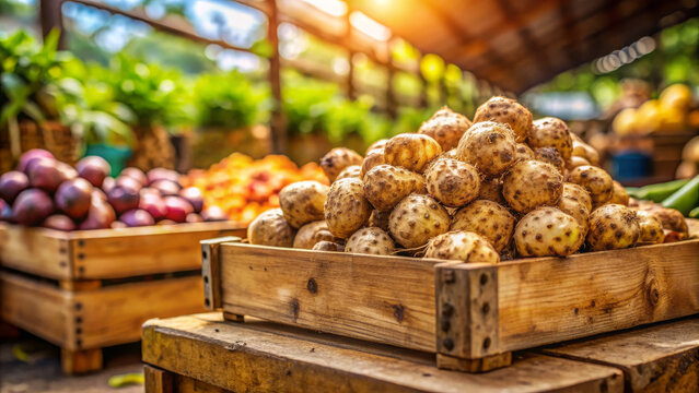 Dimpled eddoes tubers lie on a wooden crate. Side-lit imperfections add rustic charm. Blurred tropical stall.  