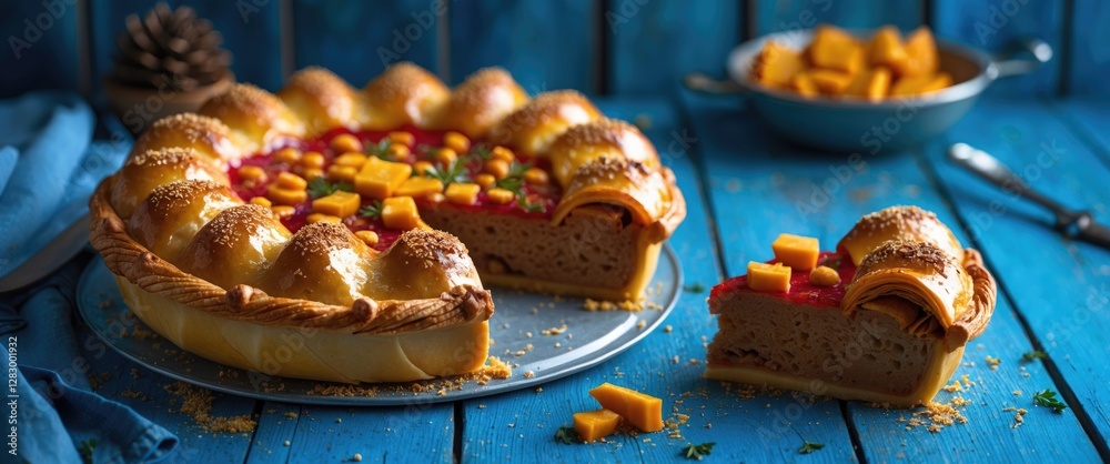 Poster colorful dessert pie with mango pieces on a wooden table slice removed and garnished with colorful t