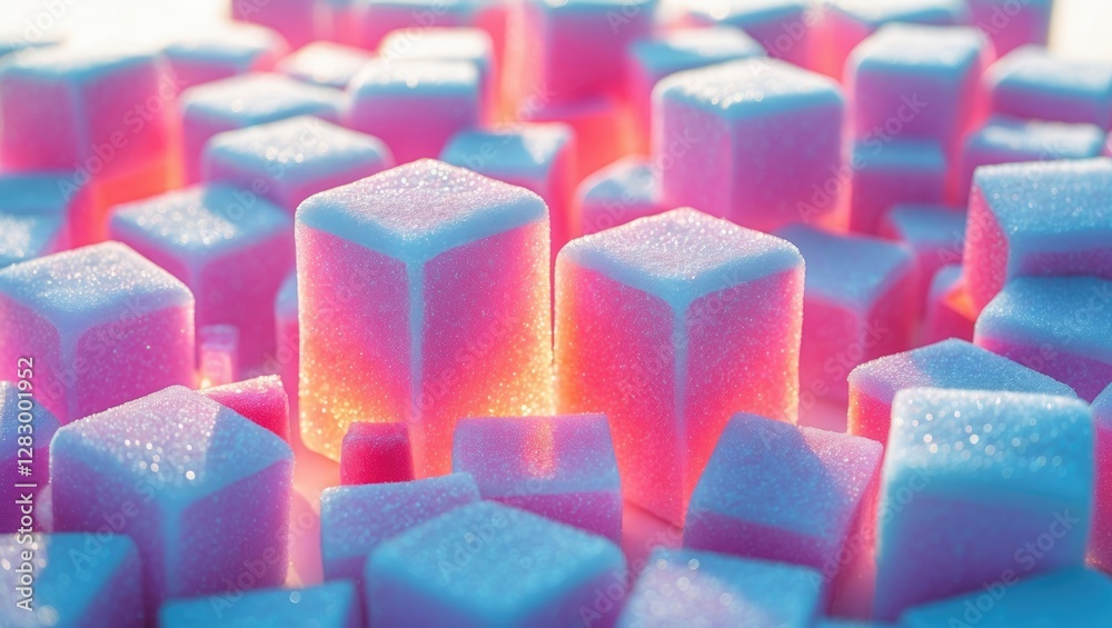 Poster Colorful sugar cubes with a glowing effect in a vibrant abstract arrangement with soft focus and warm lighting.