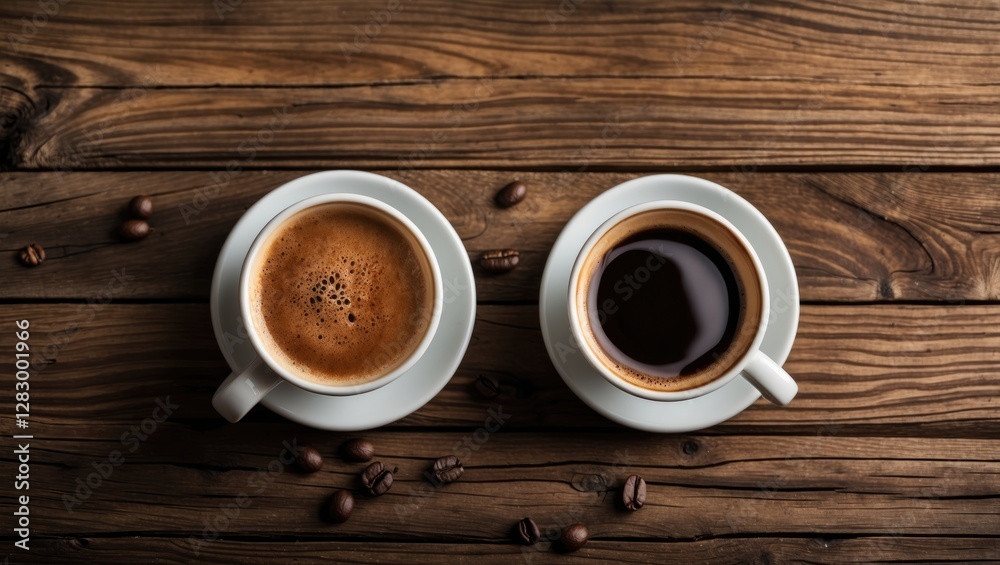 Poster two coffee cups with different brews placed on a wooden surface surrounded by coffee beans.