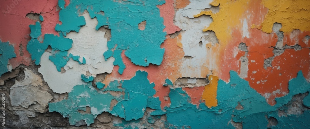 Poster colorful peeling paint on a textured wall with layers of turquoise, coral, and yellow creating an ab