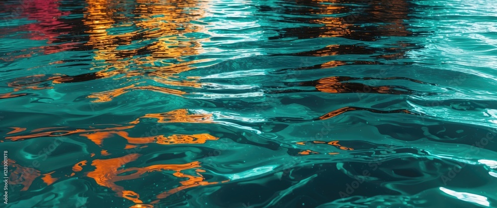 Fototapete abstract rippling water surface with colorful reflections of orange and turquoise hues creating a dy