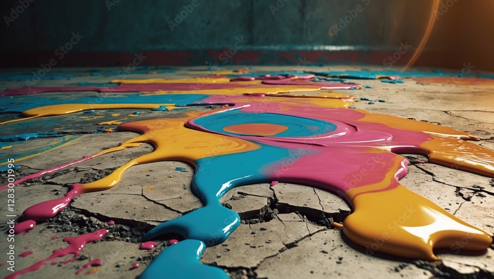 Poster colorful paint spills on cracked concrete surface in industrial setting with bright lighting and abs