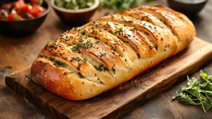 Gordijnen Freshly baked garlic herb bread served on a wooden board with colorful vegetable sides © Joachim