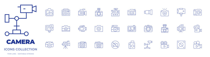 Camera icons collection. Thin Line icons, editable stroke. video camera, camera T, camera, action camera, landscape, photo camera, instant camera, xxx